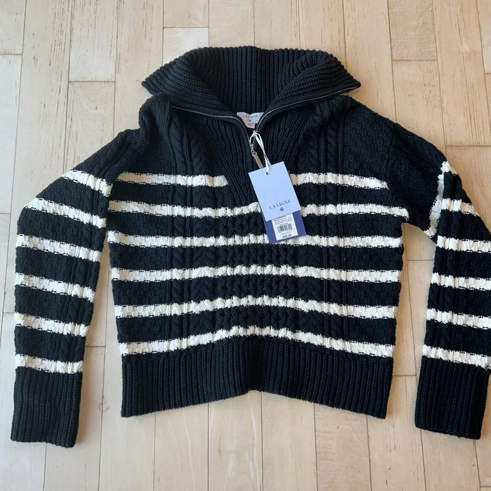 La Ligne x Target Black/White Striped Cotton Blend Shawl Zip Sweater Large NWT